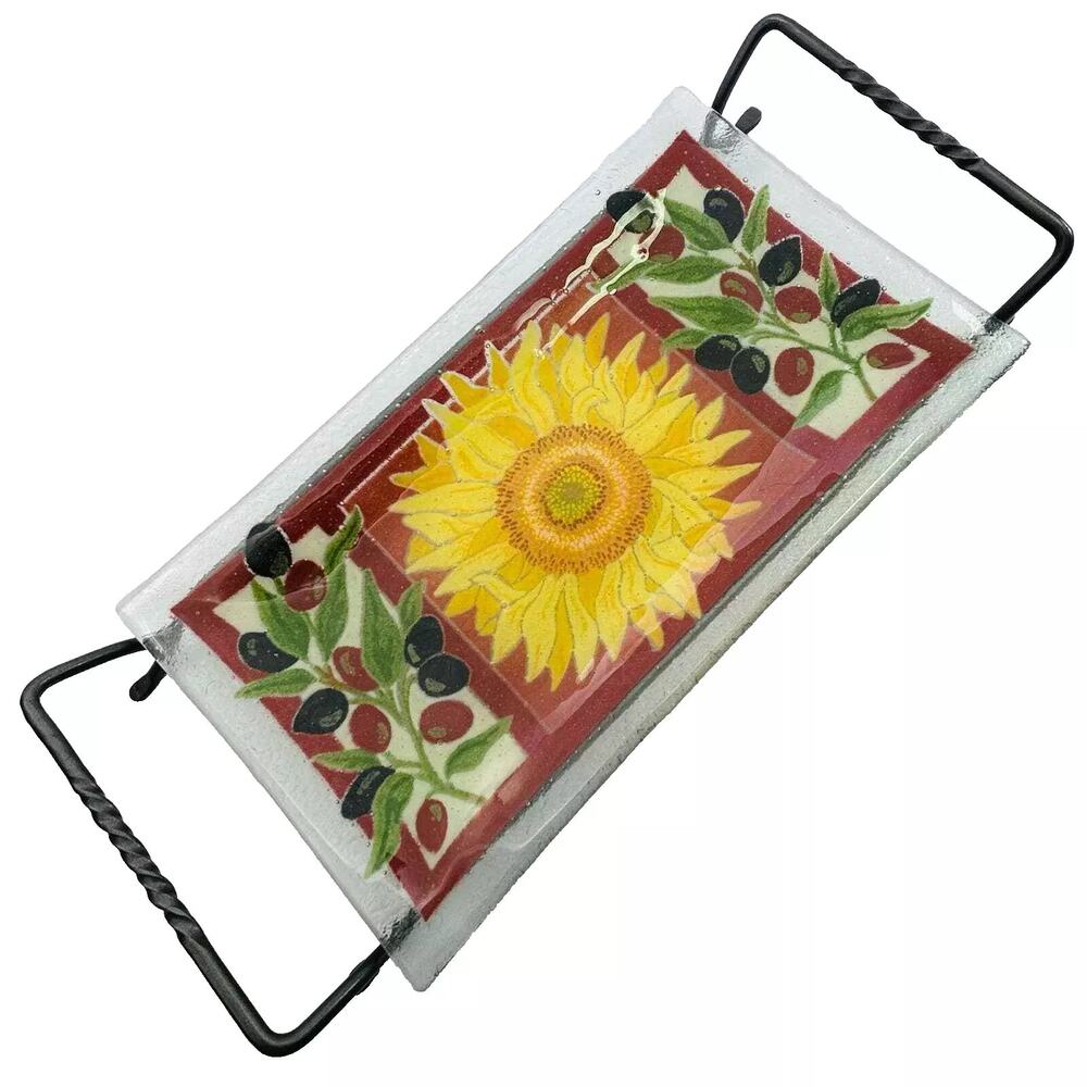 Peggy Karr TUSCANY Fused Art‎ Glass Tray Olives Sunflower w/ Metal Stand